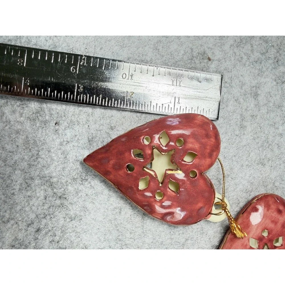 Vintage Ceramic Christmas Ornaments Set 4 Peppermint Candy Hearts Hand Painted
